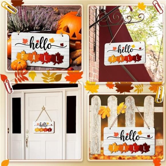 Hello Fall Winter Spring Summer Sign Rustic Wood Decor Farmhouse Wall Hanging - Picture 6 of 8
